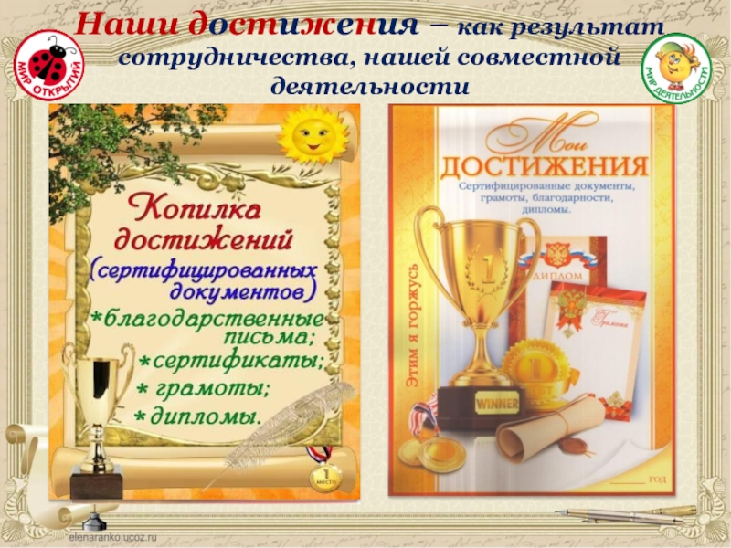 Презентация учителя Мое портфолио Наши достижения – как результат сотрудничества, нашей совместной деятельности Наши достижения – как результат сотрудничества, нашей совместной деятельности