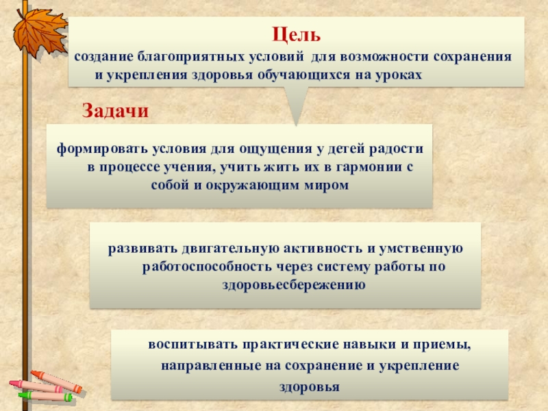 Создание здоровьесберегающей среды на уроках в начальной школе с обучающимися в условиях реализации ФГОС ОВЗ формировать условия для ощущения у детей радости в процессе учения, учить формировать условия для ощущения у детей радости в процессе учения, учить жить их в гармонии с собой
