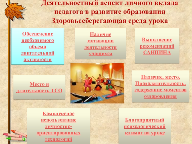 Создание здоровьесберегающей среды на уроках в начальной школе с обучающимися в условиях реализации ФГОС ОВЗ Деятельностный аспект личного вклада педагога в развитие образованияЗдоровьесберегающая среда урокаОбеспечение необходимого Деятельностный аспект личного вклада педагога в развитие образованияЗдоровьесберегающая среда урокаОбеспечение необходимого объема двигательной активности Выполнение рекомендаций САНПИНАНаличие