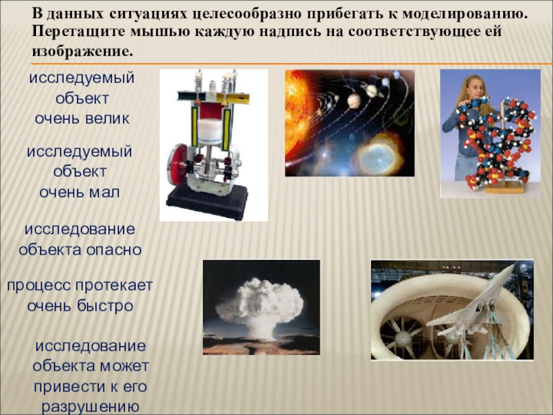 Презентация к уроку Модели объектов и их назначение В данных ситуациях целесообразно прибегать к моделированию. Перетащите мышью каждую надпись В данных ситуациях целесообразно прибегать к моделированию. Перетащите мышью каждую надпись на соответствующее ей изображение. исследуемый объект