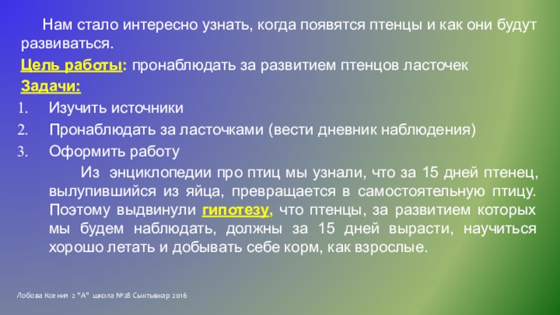 Исследовательская работа Однажды летом Нам стало интересно узнать, когда появятся птенцы и как Нам стало интересно узнать, когда появятся птенцы и как они будут развиваться.Цель работы: пронаблюдать