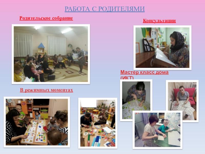 ПРЕЗЕНТАЦИЯ ЛЭПБУК СЕНСОРНОЕ РАЗВИТИЕ. 1 МЛАДШАЯ ГРУППА Работа с родителямиРодительское собрание КонсультацииВ режимных моментахМастер класс дома (ИКТ) Работа с родителямиРодительское собрание КонсультацииВ режимных моментахМастер класс дома (ИКТ)