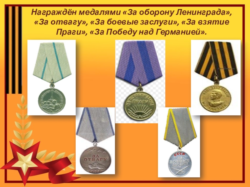 Проект по теме Спасибо деду за Победу Награждён медалями «За оборону Ленинграда», «За отвагу», «За боевые заслуги», «За Награждён медалями «За оборону Ленинграда», «За отвагу», «За боевые заслуги», «За взятие Праги», «За Победу над Германией».
