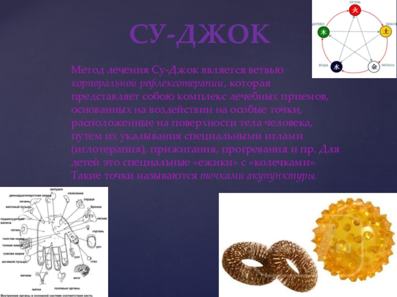 Нетрадиционные методы в работе, дошкольное образование СУ-ДЖОКМетод лечения Су-Джок является ветвью корпоральной рефлексотерапии, которая представляет собою комплекс СУ-ДЖОКМетод лечения Су-Джок является ветвью корпоральной рефлексотерапии, которая представляет собою комплекс лечебных приемов, основанных на воздействии на