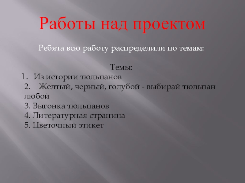 Проект Вырастим тюльпаны сами, к празднику любимой маме. Работы над проектомРебята всю работу распределили по темам:Темы:Из истории тюльпанов2. Желтый, Работы над проектомРебята всю работу распределили по темам:Темы:Из истории тюльпанов2. Желтый, черный, голубой - выбирай тюльпан
