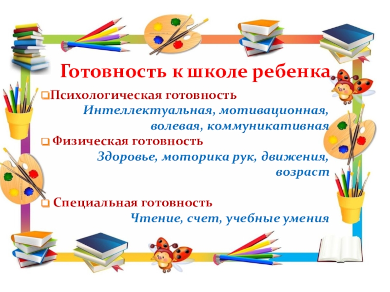 Рекомендации для родителей по подготовке детей к школьному обучению. Готовность к школе ребенкаПсихологическая готовностьИнтеллектуальная, мотивационная, волевая, коммуникативная Физическая готовность Здоровье, моторика Готовность к школе ребенкаПсихологическая готовностьИнтеллектуальная, мотивационная, волевая, коммуникативная Физическая готовность Здоровье, моторика рук, движения, возраст Специальная готовностьЧтение, счет,