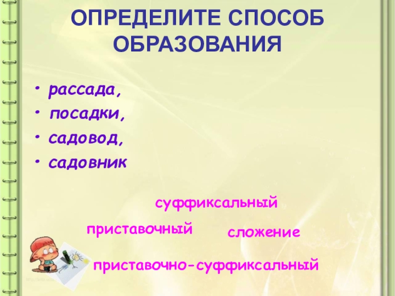 Презентация по русскому языку на тему: Как образуются слова в русском языке ОПРЕДЕЛИТЕ СПОСОБ ОБРАЗОВАНИЯрассада, посадки, садовод, садовник приставочныйсуффиксальныйприставочно-суффиксальныйсложение ОПРЕДЕЛИТЕ СПОСОБ ОБРАЗОВАНИЯрассада, посадки, садовод, садовник приставочныйсуффиксальныйприставочно-суффиксальныйсложение