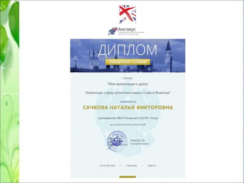 Презентация Портфолио учителя английского языка Сачковой Натальи Викторовны