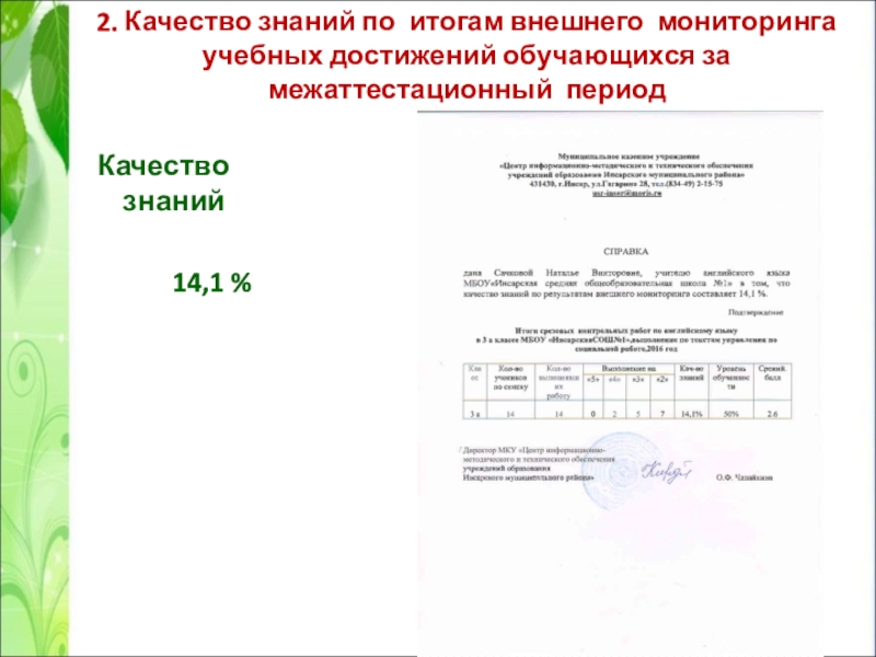 Презентация Портфолио учителя английского языка Сачковой Натальи Викторовны 2. Качество знаний по итогам внешнего мониторинга учебных достижений обучающихся за 2. Качество знаний по итогам внешнего мониторинга учебных достижений обучающихся за межаттестационный период Качество знаний