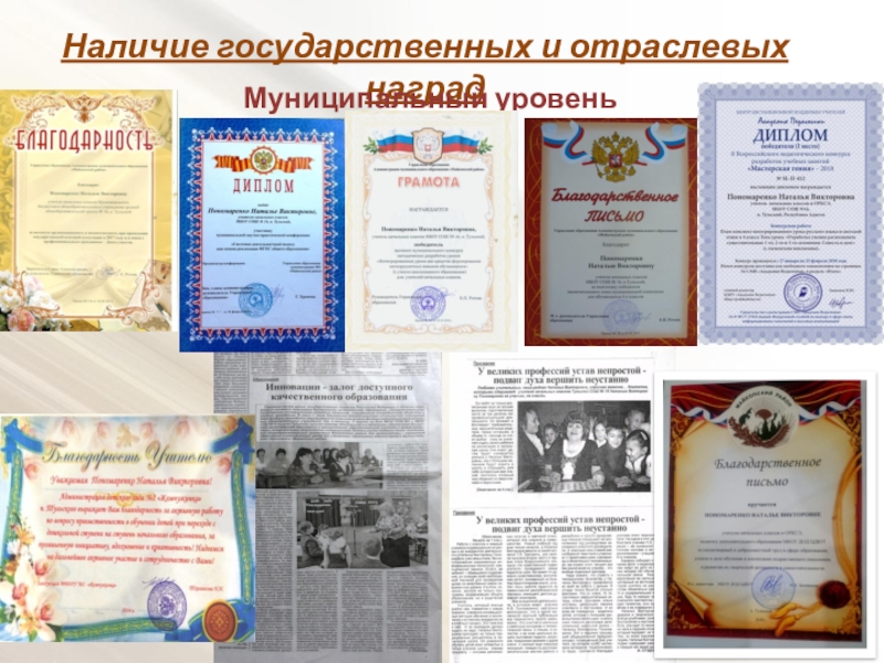 Публичная презентация результатов педагогической деятельности Наличие государственных и отраслевых наградМуниципальный уровень Наличие государственных и отраслевых наградМуниципальный уровень