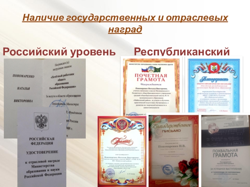 Публичная презентация результатов педагогической деятельности Российский уровень Республиканский уровеньНаличие государственных и отраслевых наград Российский уровень Республиканский уровеньНаличие государственных и отраслевых наград