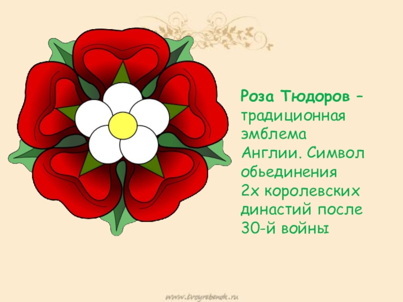 Презентация к научно-исследовательской работе Красный цвет в жизни англичан Роза Тюдоров –традиционная эмблема Англии. Символ обьединения2х королевских династий после 30-й войны Роза Тюдоров –традиционная эмблема Англии. Символ обьединения2х королевских династий после 30-й войны