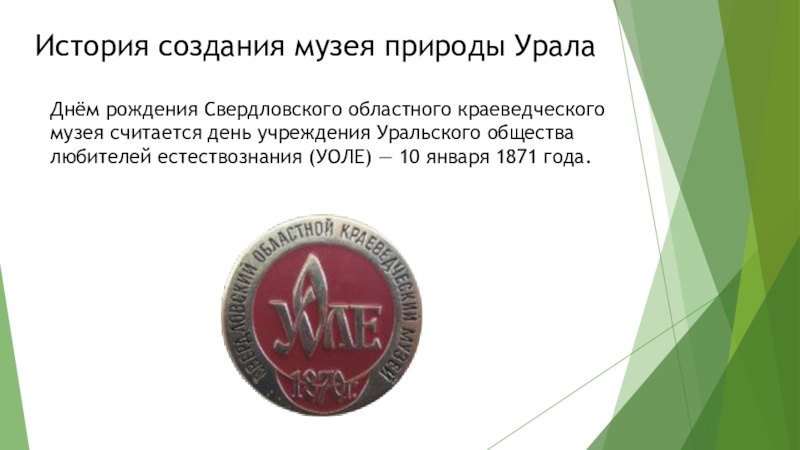 Внеурочное занятие. Музей природы Урала. 3 класс История создания музея природы УралаДнём рождения Свердловского областного краеведческого музея считается История создания музея природы УралаДнём рождения Свердловского областного краеведческого музея считается день учреждения Уральского общества любителей естествознания (УОЛЕ)