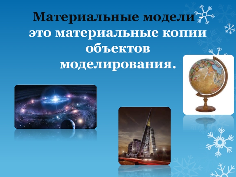 Виды моделей (6 класс) Материальные модели - это материальные копии объектов моделирования. Материальные модели - это материальные копии объектов моделирования.