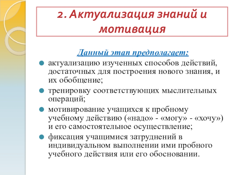 Презентация Технология деятельностного метода 2. Актуализация знаний и мотивация Данный этап 2. Актуализация знаний и мотивация Данный этап предполагает: