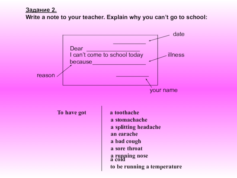 Презентация по английскому языку на тему Здоровье Задание 2.Write a note to your teacher. Explain why you can’t Задание 2.Write a note to your teacher. Explain why you can’t go to school: To have got