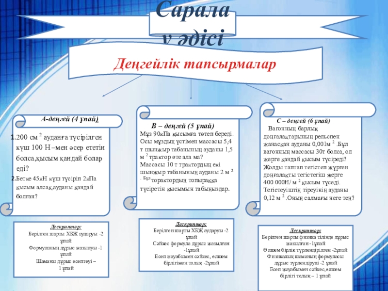Қатты денелердегі қысым 7 сынып Саралау әдісіДеңгейлік тапсырмалар А-деңгей (4 ұпай)200 см 2 Саралау әдісіДеңгейлік тапсырмалар А-деңгей (4 ұпай)200 см 2 ауданға түсірілген күш