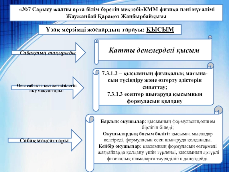 Презентация на тему «№7 Сарысу жалпы орта білім беретін мектебі»КММ физика пәні «№7 Сарысу жалпы орта білім беретін мектебі»КММ физика пәні мұғалімі Жаужанбай Қаракөз ЖаңбырбайқызыСабақтың тақырыбыҚатты денелердегі қысымОсы сабақта