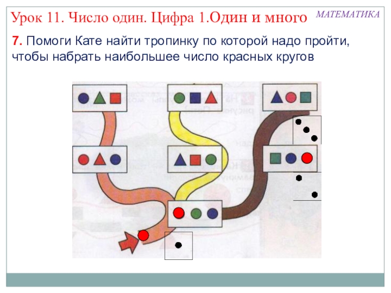 Презентация к уроку математики в 1 классе по теме: Число и цифра 1 МАТЕМАТИКАУрок 11. Число один. Цифра 1.Один и много7. Помоги Кате найти МАТЕМАТИКАУрок 11. Число один. Цифра 1.Один и много7. Помоги Кате найти тропинку по которой надо пройти, чтобы