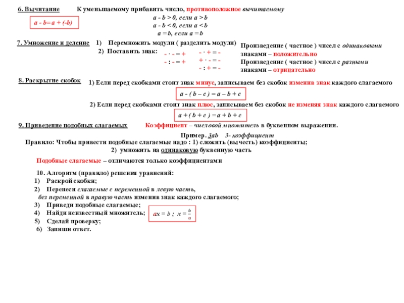 Опорные конспекты 5-6 класс 6. ВычитаниеК уменьшаемому прибавить число, противоположное вычитаемомуa - b > 0, 6. ВычитаниеК уменьшаемому прибавить число, противоположное вычитаемомуa - b > 0, если a > ba - b