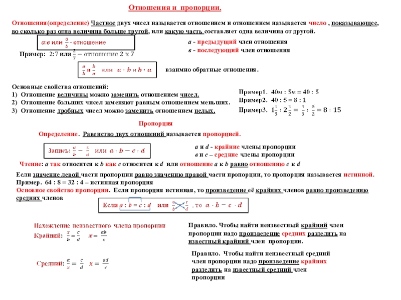 Опорные конспекты 5-6 класс Отношения и пропорции.Отношения(определение) Частное двух чисел называется отношением и отношением называется Отношения и пропорции.Отношения(определение) Частное двух чисел называется отношением и отношением называется число , показывающее, во сколько раз