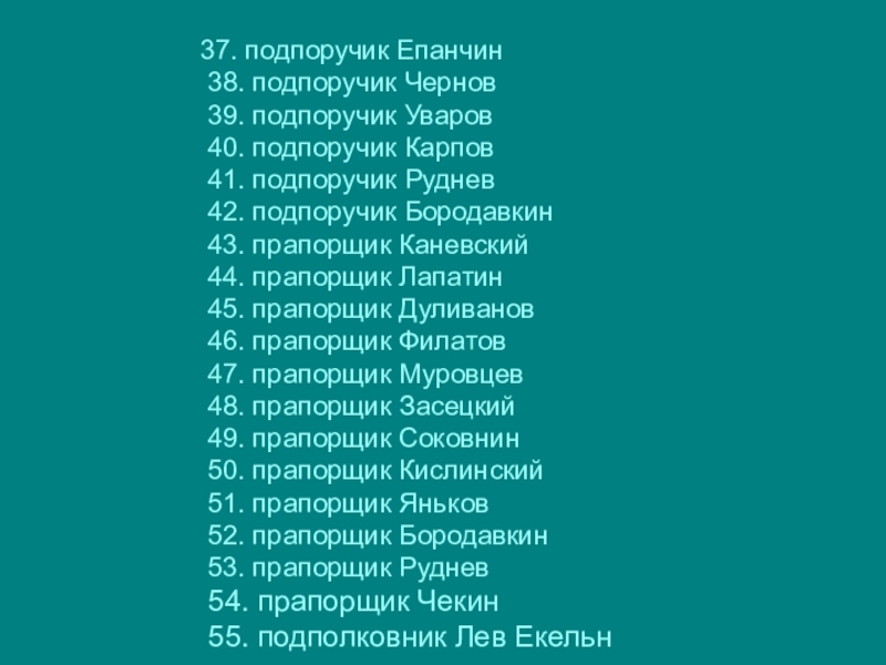 Туляки-герои Бородинской битвы 37. подпоручик Епанчин 38. подпоручик Чернов 39. подпоручик Уваров 40. подпоручик 37. подпоручик Епанчин 38. подпоручик Чернов 39. подпоручик Уваров 40. подпоручик Карпов 41. подпоручик Руднев 42. подпоручик