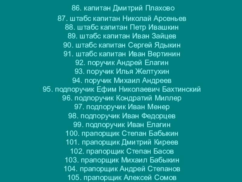 Туляки-герои Бородинской битвы 86. капитан Дмитрий Плахово 87. штабс капитан Николай Арсеньев 88. 86. капитан Дмитрий Плахово 87. штабс капитан Николай Арсеньев 88. штабс капитан Петр Ивашкин