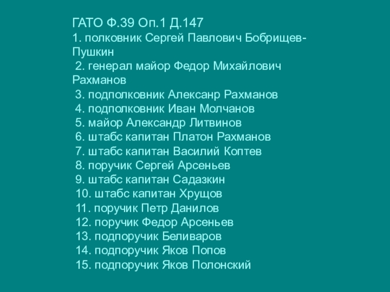 Туляки-герои Бородинской битвы ГАТО Ф.39 Оп.1 Д.1471. полковник Сергей Павлович Бобрищев-Пушкин 2. генерал майор ГАТО Ф.39 Оп.1 Д.1471. полковник Сергей Павлович Бобрищев-Пушкин 2. генерал майор Федор Михайлович Рахманов 3. подполковник Алексанр