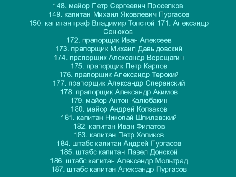 Туляки-герои Бородинской битвы 148. майор Петр Сергеевич Проселков 149. капитан Михаил Яковлевич Пургасов 150. 148. майор Петр Сергеевич Проселков 149. капитан Михаил Яковлевич Пургасов 150. капитан граф Владимир Толстой