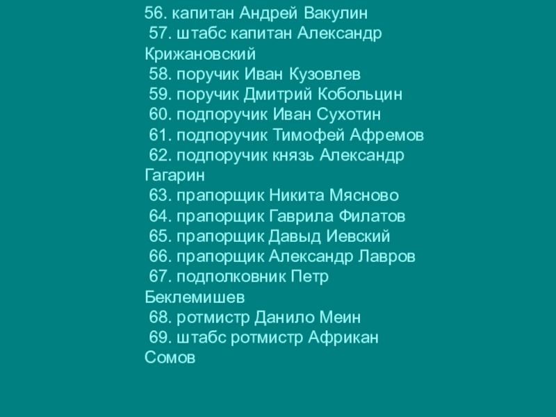 Туляки-герои Бородинской битвы 56. капитан Андрей Вакулин 57. штабс капитан Александр Крижановский 58. поручик 56. капитан Андрей Вакулин 57. штабс капитан Александр Крижановский 58. поручик Иван Кузовлев 59. поручик Дмитрий Кобольцин