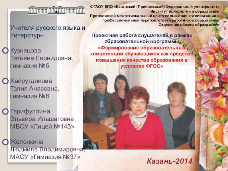 Презентация на тему Учителя русского языка и литературыКузнецова Татьяна Леонидовна, гимназия Учителя русского языка и литературыКузнецова Татьяна Леонидовна, гимназия №6Хайрутдинова Галия Анасовна,гимназия №6ГарифуллинаЭльвира Ильшатовна,МБОУ «Лицей №145»Желонкина Людмила Владимировна,МАОУ