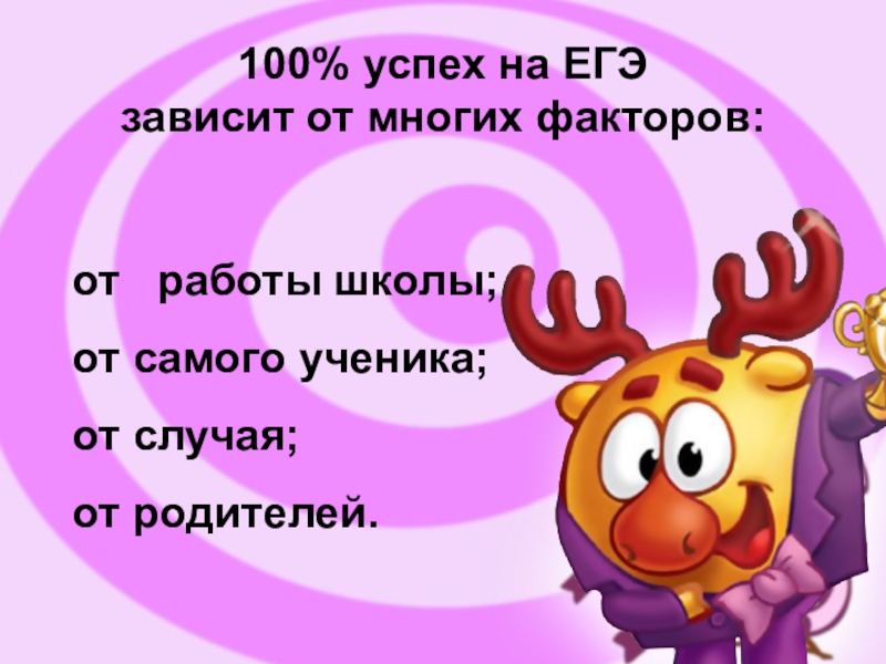 Презентация Как психологически подготовиться к ЕГЭ 100% успех на ЕГЭ зависит от многих факторов: от работы школы; 100% успех на ЕГЭ зависит от многих факторов: от работы школы; от самого ученика; от случая;
