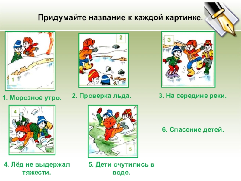 Презентация по развитию речи на тему Учимся писать изложение (2 класс) Придумайте название к каждой картинке.1. Морозное утро.2. Проверка льда.3. На середине Придумайте название к каждой картинке.1. Морозное утро.2. Проверка льда.3. На середине реки.4. Лёд не выдержал тяжести.5. Дети