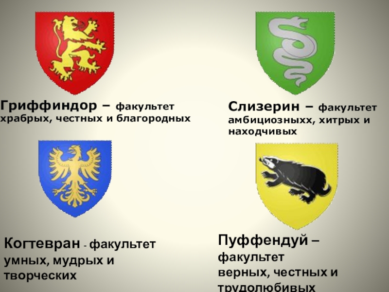 Презентация по математике на тему Умножение десятичных дробей 5 класс Гриффиндор – факультет храбрых, честных и благородных Слизерин – факультет амбициозныхх, Гриффиндор – факультет храбрых, честных и благородных Слизерин – факультет амбициозныхх, хитрых и находчивых Когтевран - факультет
