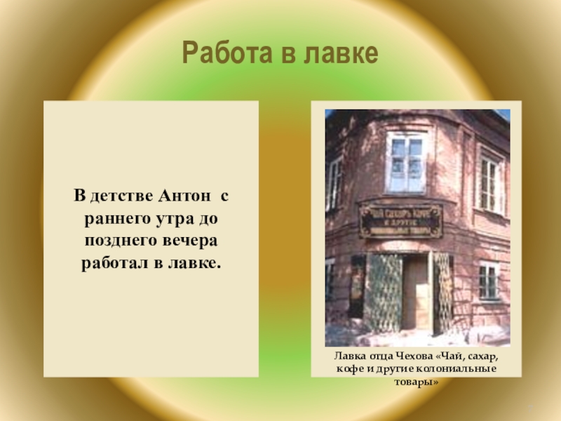 Работа в лавкеЛавка отца Чехова «Чай, сахар, кофе и другие колониальные товары»В детстве Антон с раннего утра