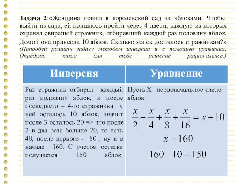 Презентация к уроку Решение уравнений (Как рационально решить задачу: уравнением или методом инверсии) Задача 2:«Женщина пошла в королевский сад за яблоками. Чтобы выйти из Задача 2:«Женщина пошла в королевский сад за яблоками. Чтобы выйти из сада, ей пришлось пройти через 4