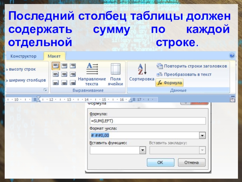 Презентация: Использование расчетных функций в таблицах и построение диаграмм и графиков. Вставка в текстовой документ графических объектов из файлов и библиотеки Последний столбец таблицы должен содержать сумму по каждой отдельной строке. Последний столбец таблицы должен содержать сумму по каждой отдельной строке.