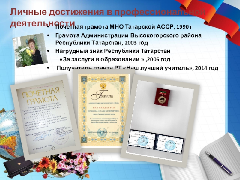 Портфолио учителя начальных классов Личные достижения в профессиональной деятельностиПочетная грамота МНО Татарской АССР, 1990 гГрамота Личные достижения в профессиональной деятельностиПочетная грамота МНО Татарской АССР, 1990 гГрамота Администрации Высокогорского района Республики Татарстан, 2003