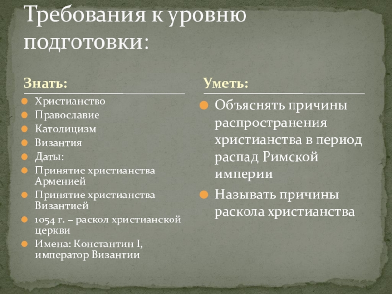 Презентация Становление христианской средневековой цивилизации Знать:ХристианствоПравославиеКатолицизмВизантияДаты: Принятие христианства АрмениейПринятие христианства Византией1054 г. – раскол христианской церквиИмена: Знать:ХристианствоПравославиеКатолицизмВизантияДаты: Принятие христианства АрмениейПринятие христианства Византией1054 г. – раскол христианской церквиИмена: Константин I, император ВизантииОбъяснять причины распространения