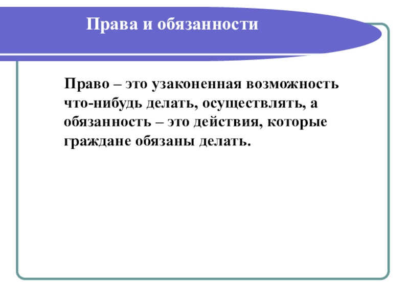 День Конституции России (4 класс) Права и обязанности Право – это Права и обязанности Право – это узаконенная