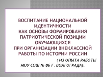 Презентация к статье.Воспитание национальной идентичности как основы формирования патриотической позиции обучающихся при организации внеклассной работы по истории России ( из опыта работы МОУ СШ № 86 г. Волгограда).