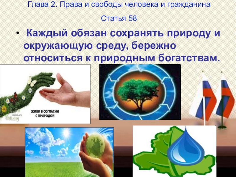 Презентация классного часа на тему Конституция Российской Федераци (4 класс) Глава 2. Права и свободы человека и гражданина Статья 58 Каждый Глава 2. Права и свободы человека и гражданина Статья 58 Каждый обязан сохранять природу и окружающую среду,