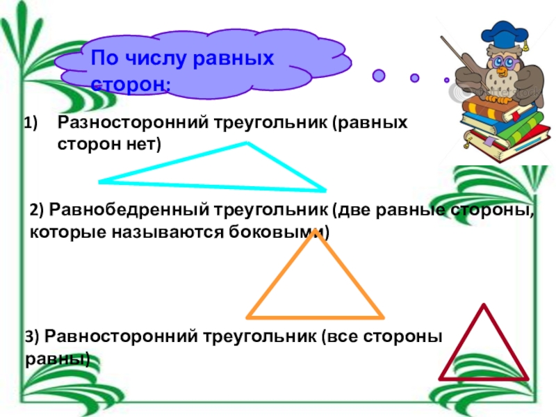 Презентация по математике на тему треугольник (5 класс) По числу равных сторон:Разносторонний треугольник (равных сторон нет)2) Равнобедренный треугольник (две По числу равных сторон:Разносторонний треугольник (равных сторон нет)2) Равнобедренный треугольник (две равные стороны, которые называются боковыми)3) Равносторонний