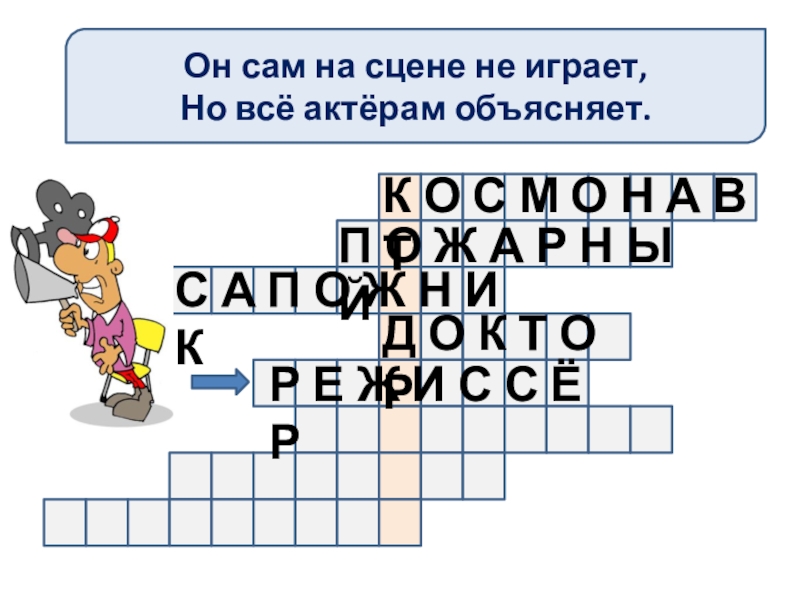 Презентация к 1 уроку по ОМРК Россия-моя Родина Он сам на сцене не играет,Но всё актёрам объясняет.К О С Он сам на сцене не играет,Но всё актёрам объясняет.К О С М О Н А В ТП
