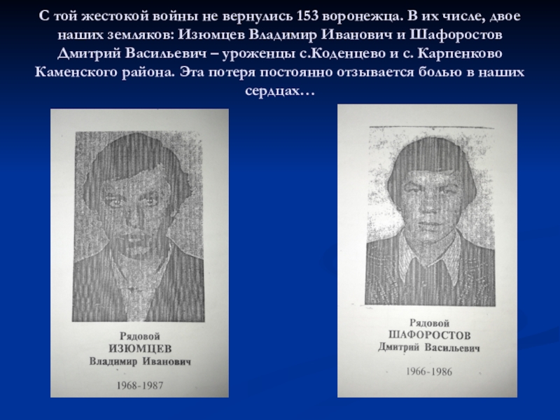 Презентация Память не уходит в отставку. С той жестокой войны не вернулись 153 воронежца. В их числе, С той жестокой войны не вернулись 153 воронежца. В их числе, двое наших земляков: Изюмцев Владимир Иванович