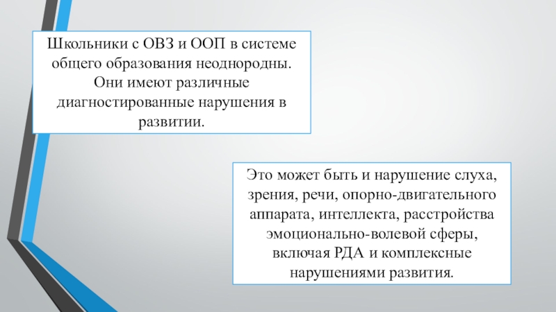 Организация процесса воспитания и обучения младших школьников с особыми образовательными потребностями (ООП). Школьники с ОВЗ и ООП в системе общего образования неоднородны. Они Школьники с ОВЗ и ООП в системе общего образования неоднородны. Они имеют различные диагностированные нарушения в развитии.Это