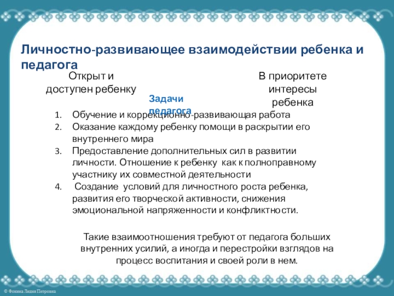 Возможности использования личностно-развивающего обучения на логопедических занятиях Обучение и коррекционно-развивающая работаОказание каждому ребенку помощи в раскрытии его внутреннего Обучение и коррекционно-развивающая работаОказание каждому ребенку помощи в раскрытии его внутреннего мираПредоставление дополнительных сил в развитии личности.