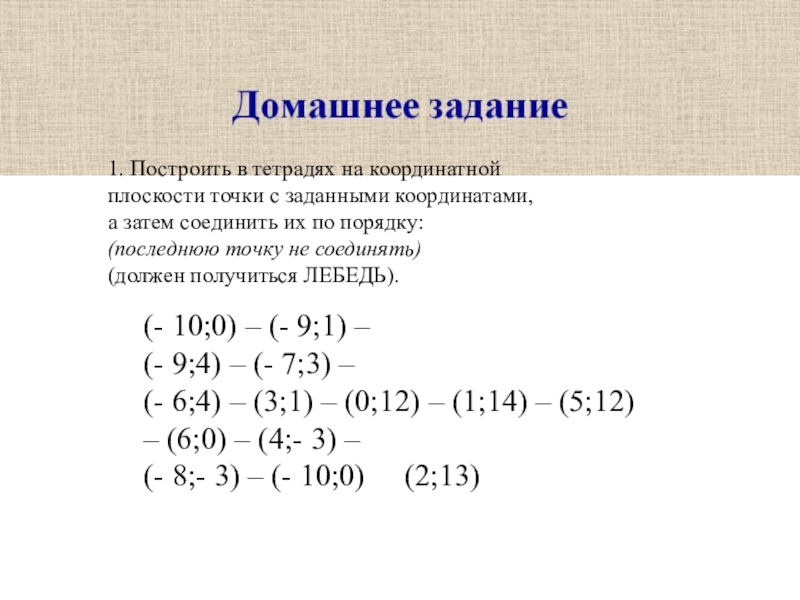 Презентация по математике на тему Координатная плоскость(6 класс) 1. Построить в тетрадях на координатной плоскости точки с заданными координатами, 1. Построить в тетрадях на координатной плоскости точки с заданными координатами,