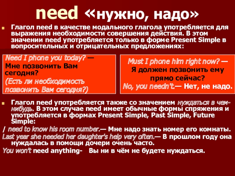 Презентация к уроку Модальные глаголы need «нужно, надо» Глагол need в качестве модального глагола употребляется для need «нужно, надо» Глагол need в качестве модального глагола употребляется для выражения необходимости совершения действия. В этом