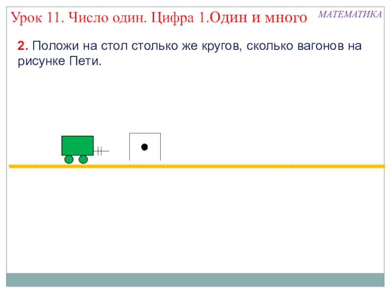 Презентация урока математики на тему Число и цифра 1 (1 класс) 2. Положи на стол столько же кругов, сколько вагонов на рисунке 2. Положи на стол столько же кругов, сколько вагонов на рисунке Пети.МАТЕМАТИКАУрок 11. Число один. Цифра 1.Один